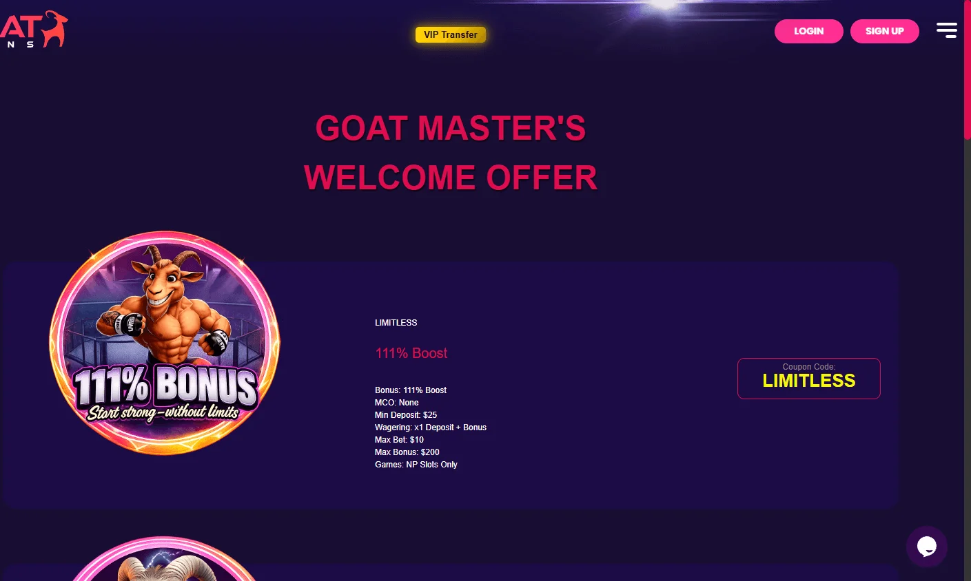 Goat Spins Casino desktop promotions interface