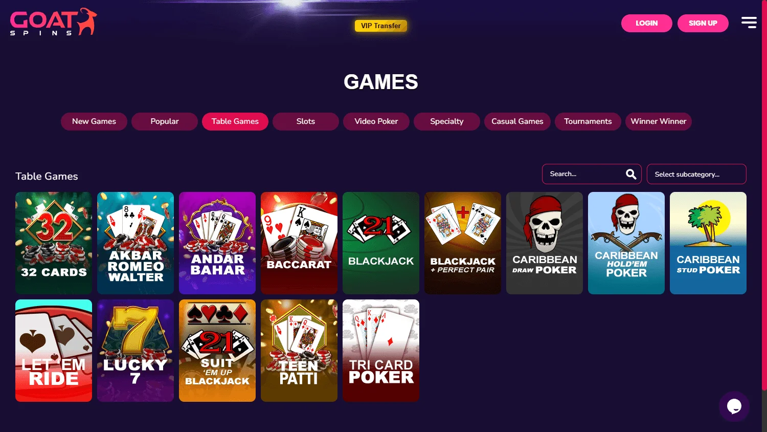 Goat Spins Casino desktop games interface