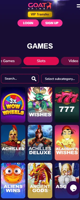 Goat Spins Casino mobile games interface