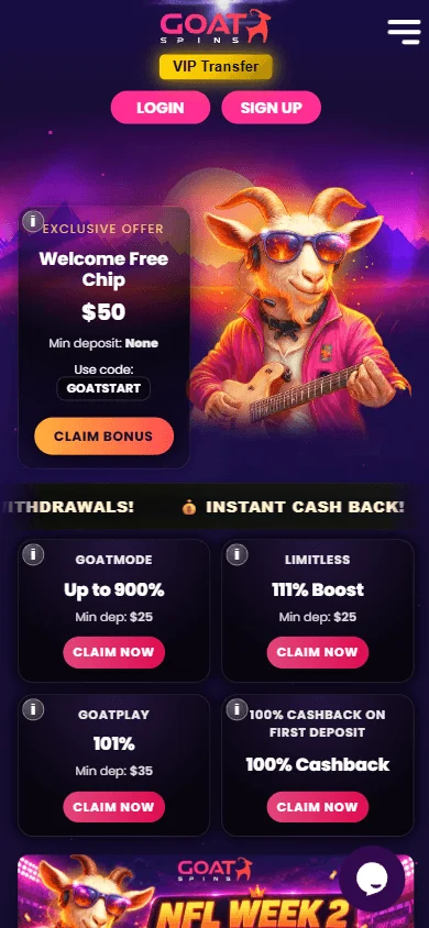 Goat Spins Casino mobile home interface